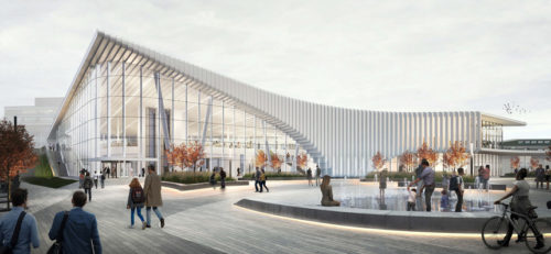 Architectural rendering of a modern transit hub featuring a sleek, curved glass facade with vertical white fins. The outdoor plaza includes autumn-colored trees, a water feature, and people walking and cycling.