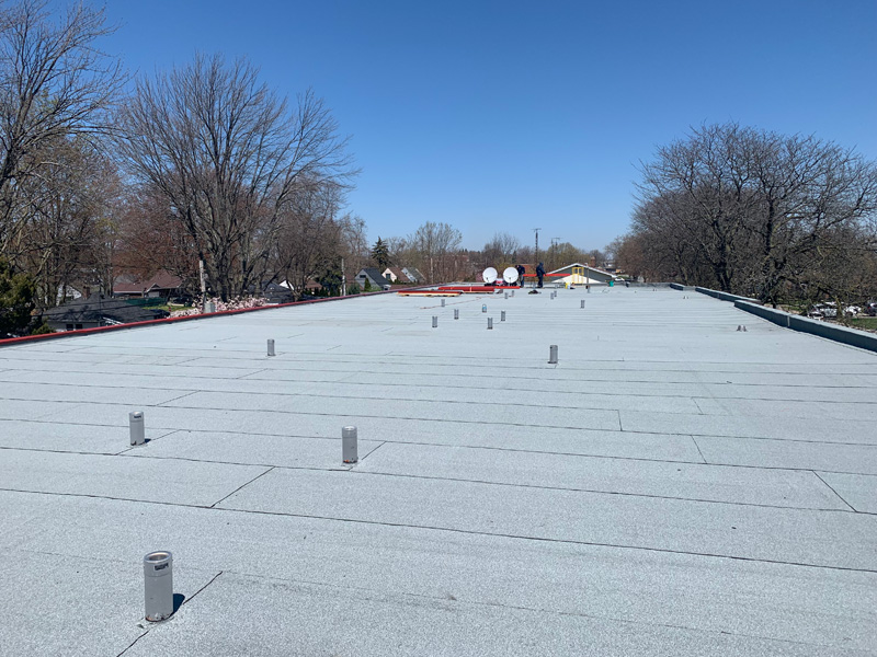 Flat rooftop with a light gray surface, multiple protruding vent pipes, and a clear blue sky. Trees and buildings are visible in the background.