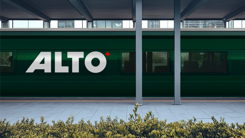 A green train car with large white lettering that reads "ALTO" is shown at a platform.